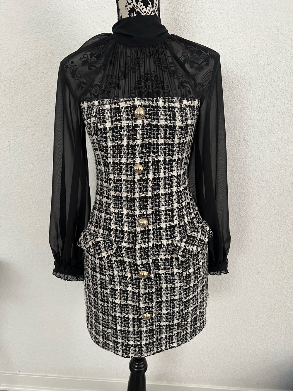 Zara Black White Tweed Mini Dress Sheer Sleeves Gold Buttons NWT S